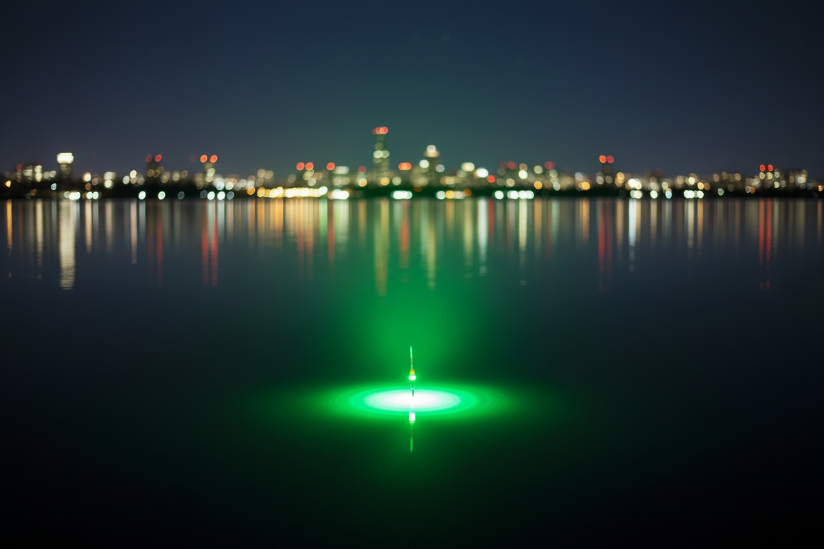 LED Fishing Bobber glowing green at night