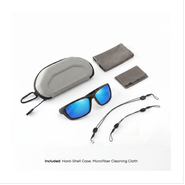 Fishing glasses with hard-shell case and accessories
